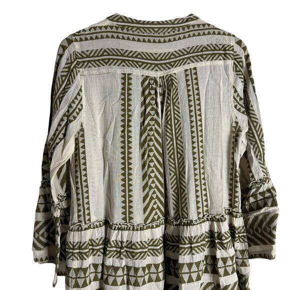 Devotion Twins Ella Cream Olive Embroidered 3/4 Sleeve Boho Coastal Mini Dress - Picture 8 of 14